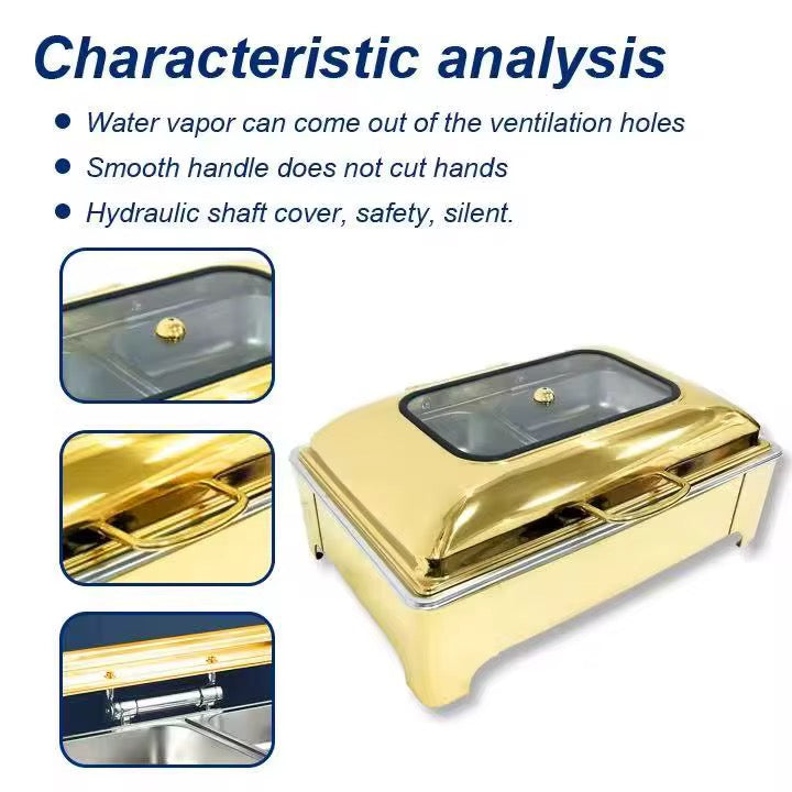 Premium Gold Stainless Steel Chafing Dish with Glass Hydraulic Lid
