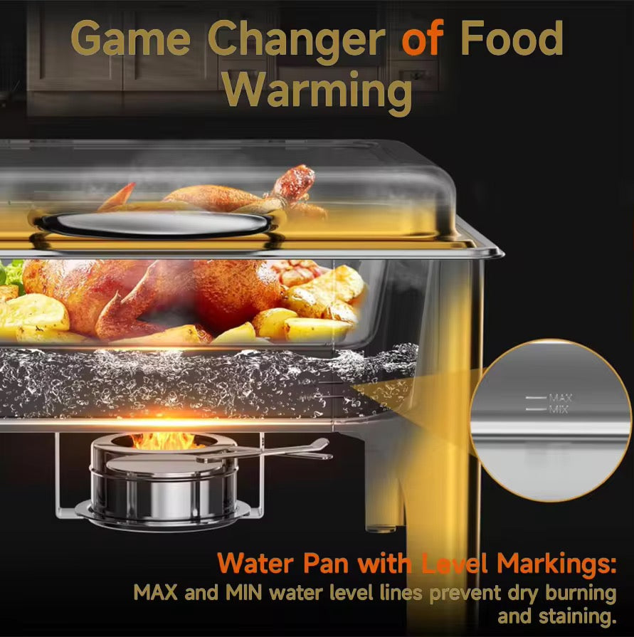 Premium Gold Stainless Steel Chafing Dish with Glass Hydraulic Lid