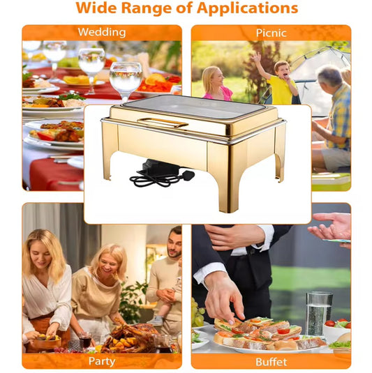 Premium Gold Stainless Steel Chafing Dish with Glass Hydraulic Lid