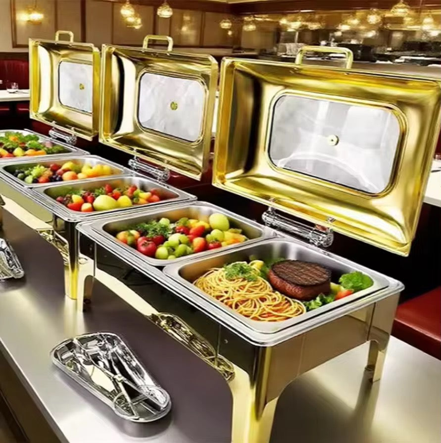 Premium Gold Stainless Steel Chafing Dish with Glass Hydraulic Lid
