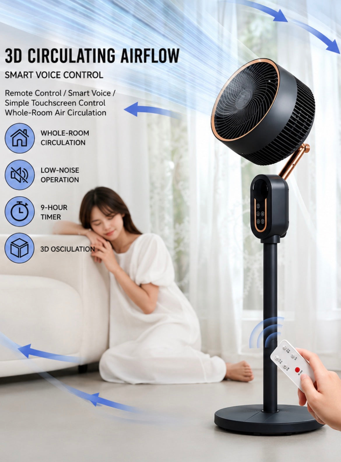 Smart 3D Air Circulator Standing Fan, Remote & Touch Control