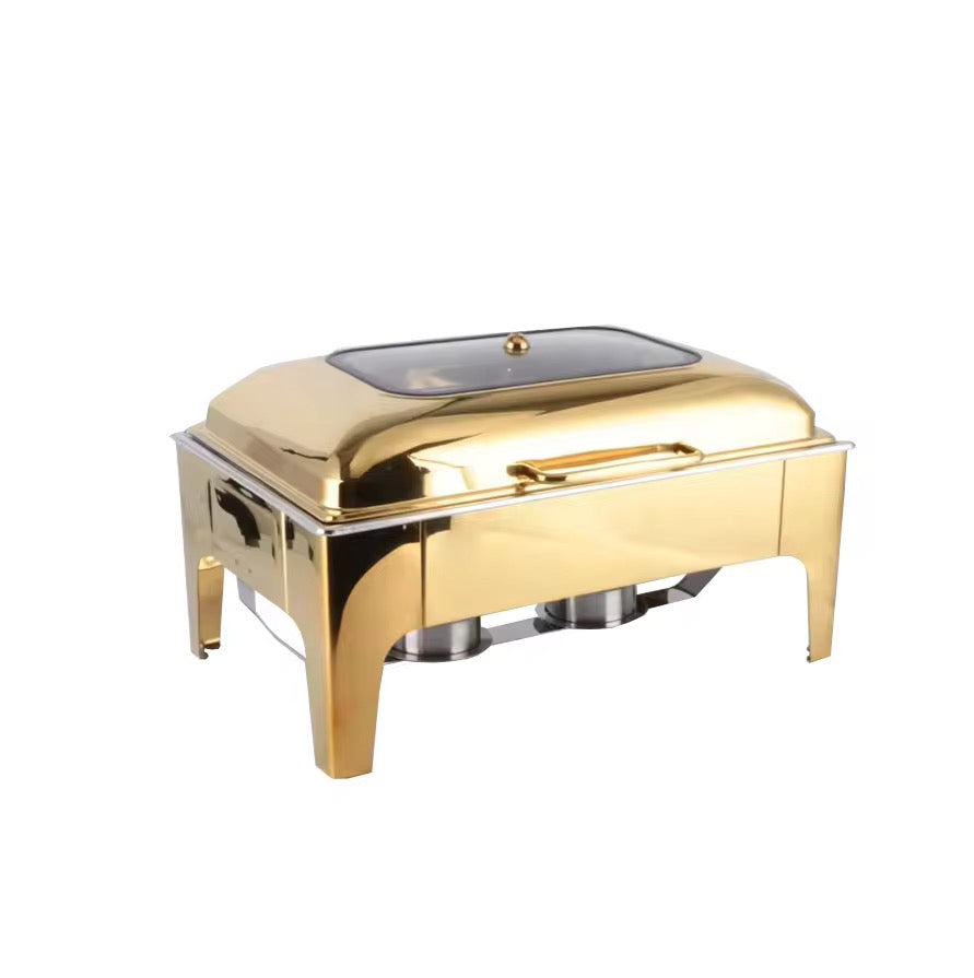Premium Gold Stainless Steel Chafing Dish with Glass Hydraulic Lid