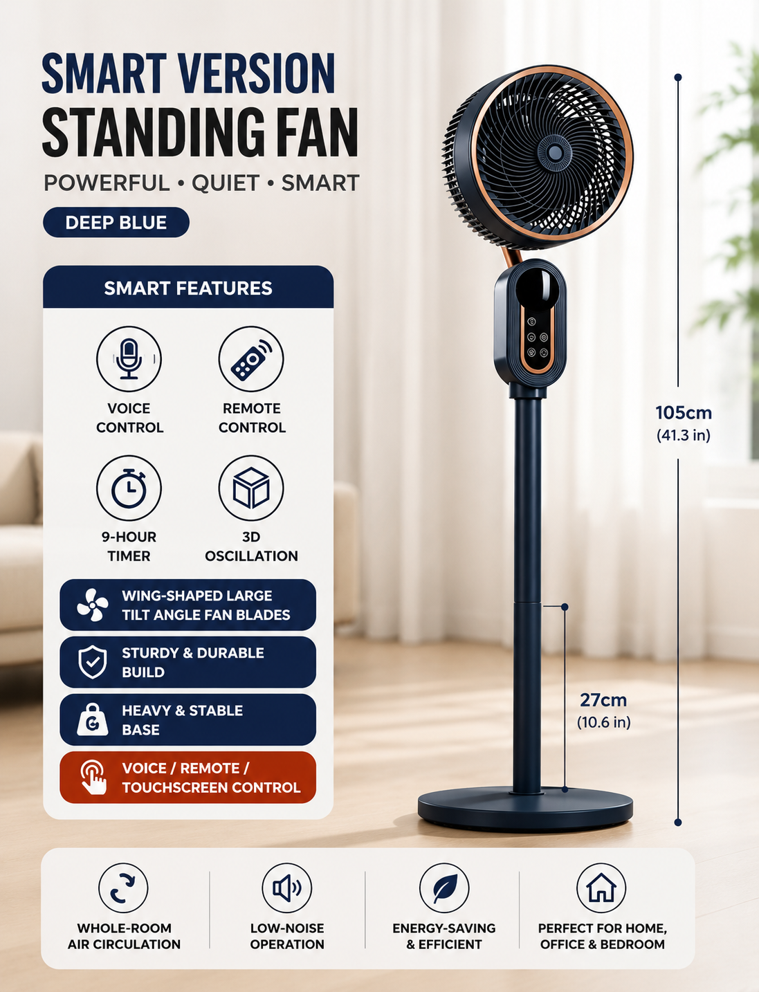 Smart 3D Air Circulator Standing Fan, Remote & Touch Control
