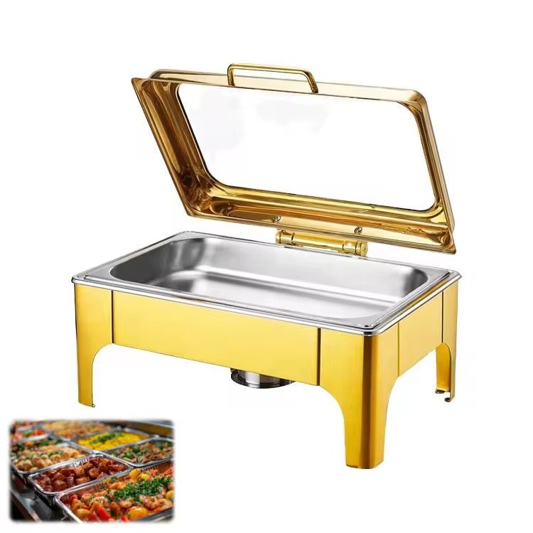Premium Gold Stainless Steel Chafing Dish with Glass Hydraulic Lid
