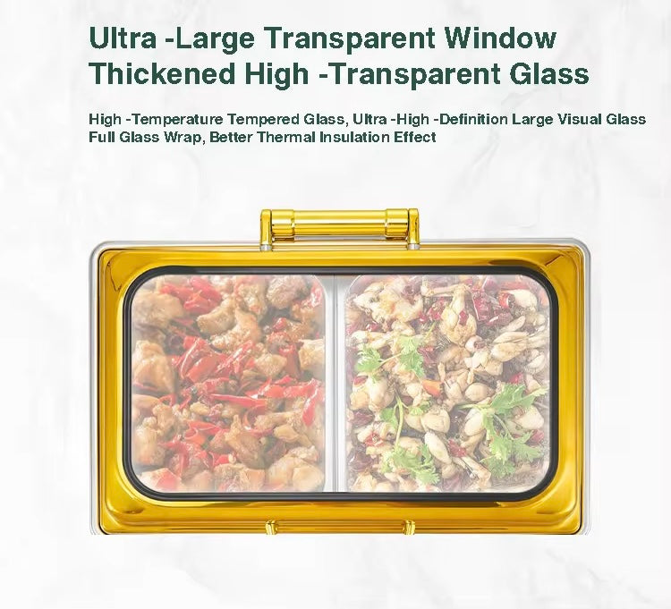 Premium Gold Stainless Steel Chafing Dish with Glass Hydraulic Lid