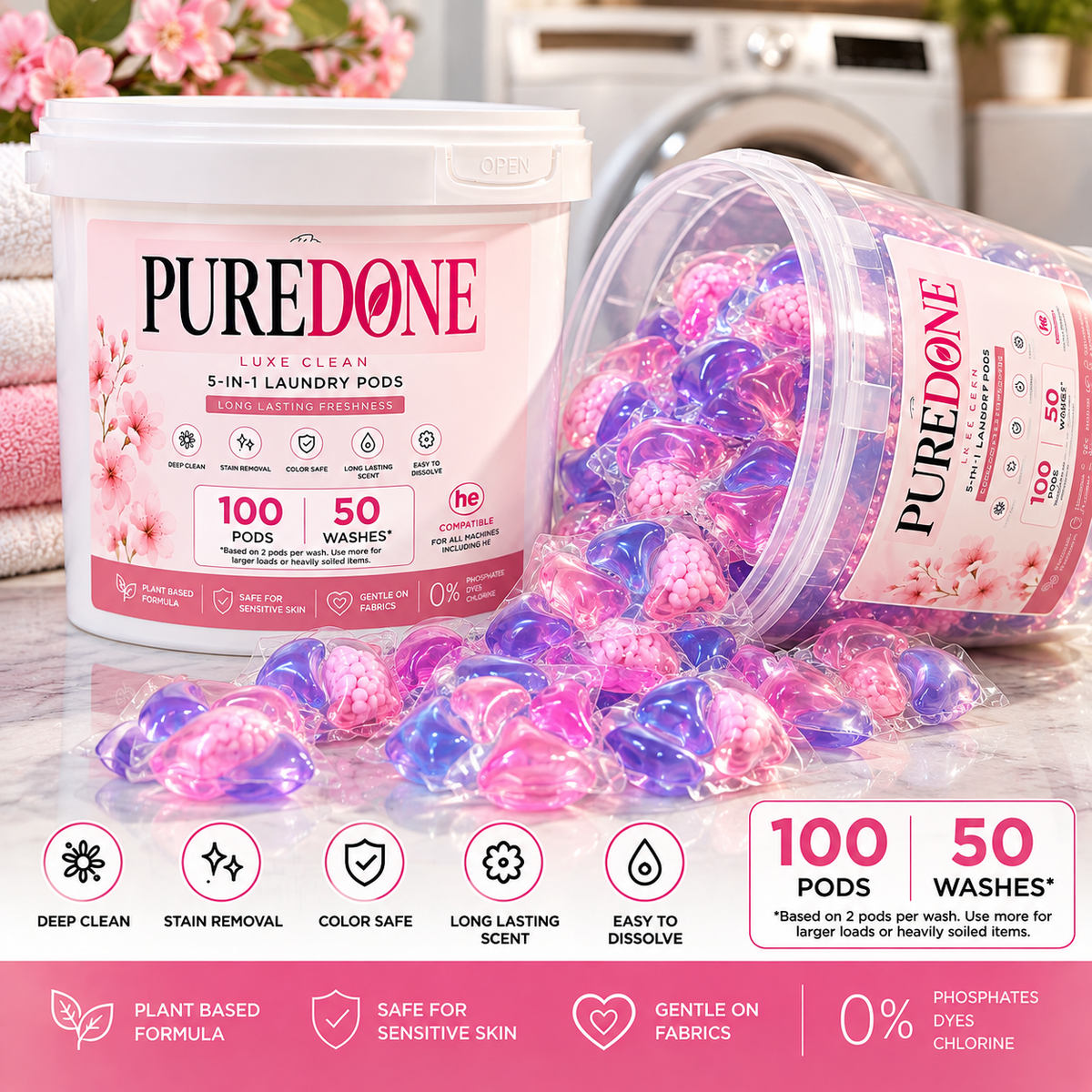 PUREDONE 5-in-1 Laundry Pods – 100 Pods, 800 g