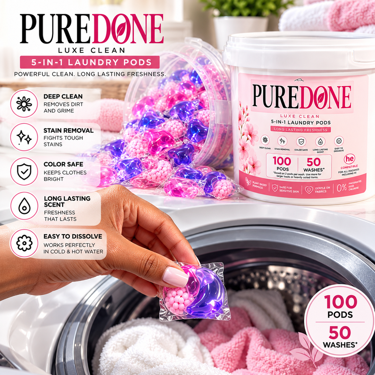 PUREDONE 5-in-1 Laundry Pods – 100 Pods, 800 g